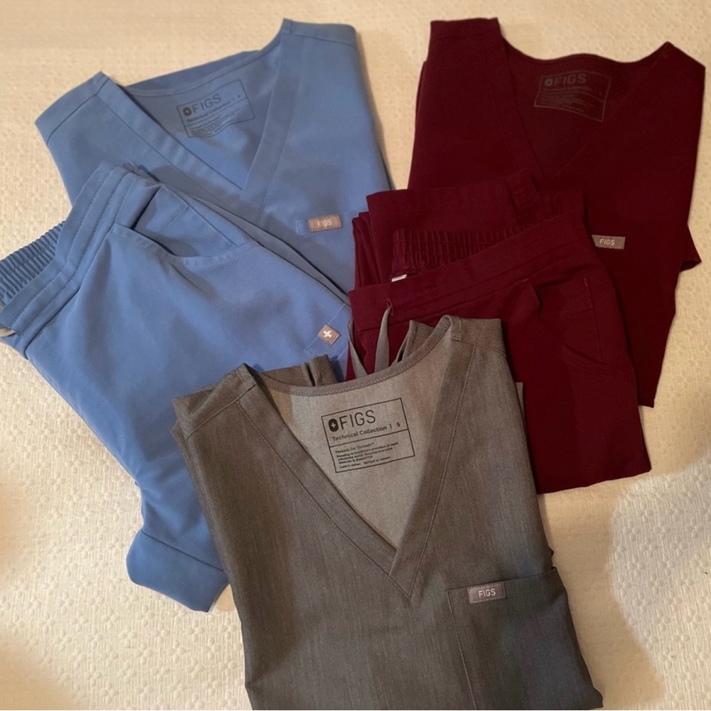 Figs Medical Scrub Set in Sky Blue, Deep Red, and Charcoal